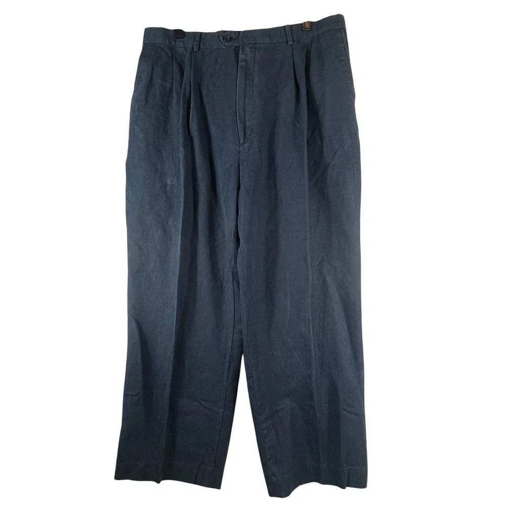 VTG Eddie Bauer Mens 36 Tall Linen Pleated Pants Navy Blue USA Suspender Buttons